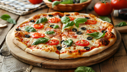 Canvas Print - Delicious pizza served on wooden table