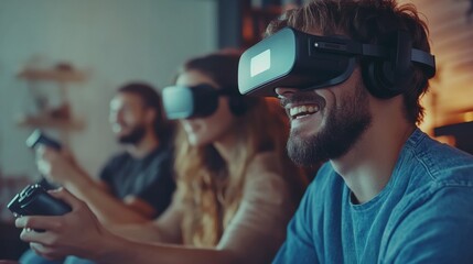 Joyful friends with VR headsets playing video games.