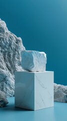 Canvas Print - A white cube with a rock on top of it