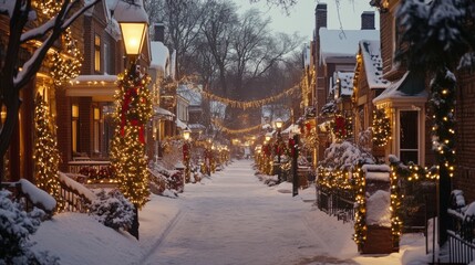 A snowy street lined with houses decorated with Christmas lights and wreaths, creating a warm, inviting holiday scene.