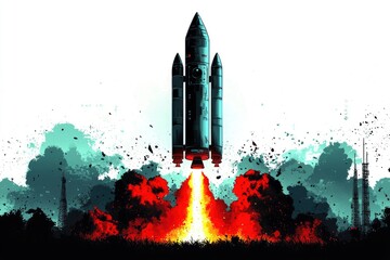 Wall Mural - space rocket launch with dramatic smoke and fire