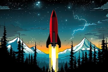 Wall Mural - rocket launch in the night sky with mountains