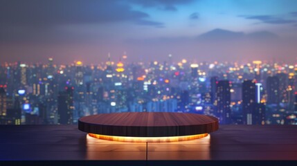 Illuminated platform with cityscape background. A glowing wooden platform sits atop a wooden surface, with a bokeh-style cityscape backdrop. Use this image as a mockup to showcase your products.