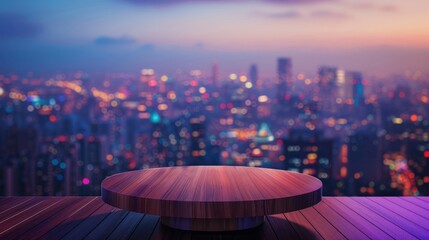 Wall Mural - Wooden platform over cityscape at dusk. Empty wooden platform with a city lights backdrop at dusk, perfect for showcasing products or creating a modern, urban design.