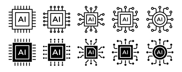 Ai chip icon set. computer microchip vector symbol. semiconductor micro chip hardware sign. robot brain artificial intelligence processor vector icons pack.