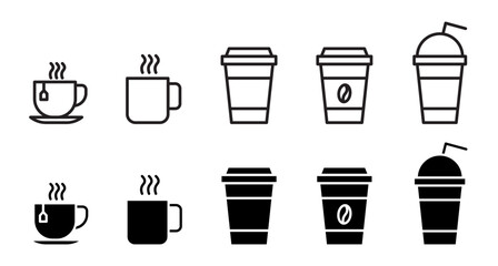 icons set of disposable paper or plastic cups. drink coffee or tea cup vector symbol. hot drink mug  with smoke sign.