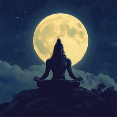 Wall Mural - Illustration of lord shiva in a meditative pose of a night sky with a full moon