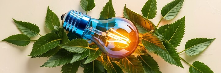 Environment friendly Light bulb on green background. Green energy technology, environmentally sustainable renewable energy