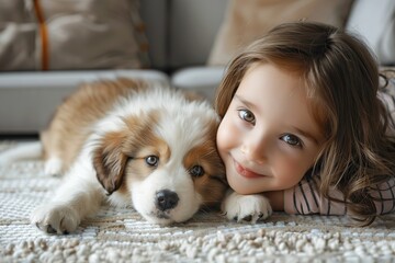 Young girl with her puppy dog on the floor at home