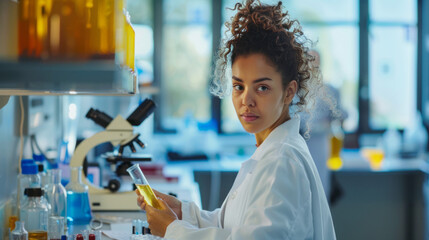 Wall Mural - female scientist examining liquid in test tube. a female scientist in a lab coat carefully examines 