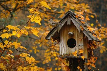 Aged birdhouse in fall