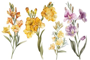 Poster - Arrangement of Freesia flowers on a white surface