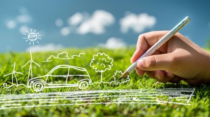 Green energy future drawing. A hand draws a picture of a sustainable future with a car, windmills, and sun, emphasizing eco-friendly transportation and renewable energy.