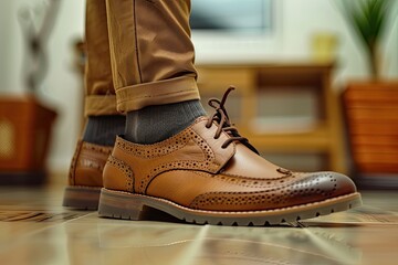 Brown leather shoes for men in a high quality photo