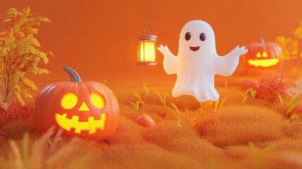 Wall Mural - 3D rendering cute ghost holding lantern floating above jack o lantern on round grass patches on orange background