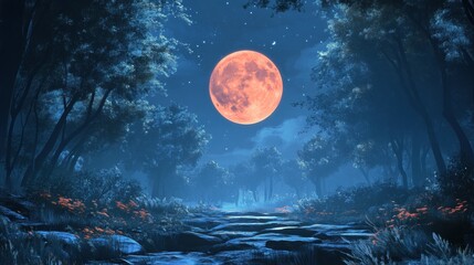 Poster - Bright full moon over dark fairy tale forest