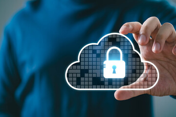 Hand holding digital cloud icon with lock representing data security and encryption in cloud computing technology.