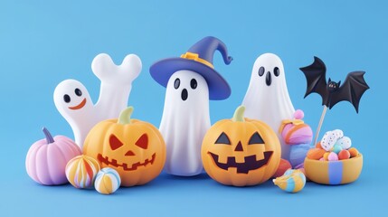 Sticker - Halloween 3d elements. Horror mystery cartoon ghosts, pumpkin and bat. Monster characters, witch hat and candy render. Party pithy plasticine elements