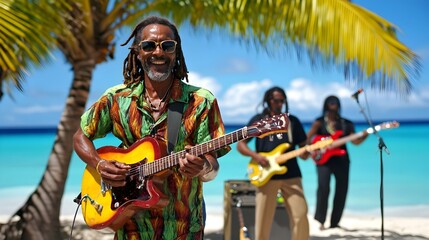 Lively Reggae Band Performs on Tropical Beach