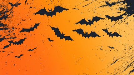 Halloween banner with black bats on the orange background