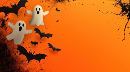 Sticker - Halloween banner with black ghosts and bats on the orange background