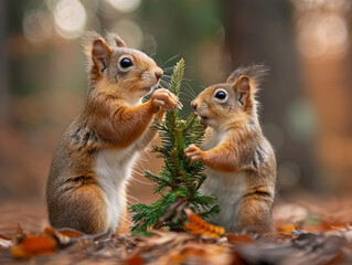 Two squirrels are playing with a Christmas tree