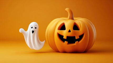 Sticker - Happy Halloween day. Orange pumpkin scary face smile jack o, with a white funny ghost. Halloween its scary party background. Realistic 3d design in plastic style