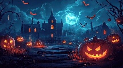 Sticker - A Halloween scene with a large house and a group of pumpkins