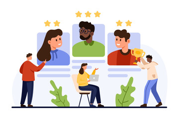 Employment and career problem, hiring discrimination. Tiny people of HR team rating with stars and golden cup candidates for vacancy, recruiters ranking personnel CV cartoon vector illustration