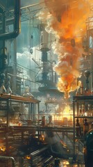 Wall Mural - A painting of a factory with a large fire in the background