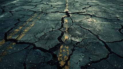 A cracked road with a yellow line