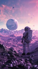 Wall Mural - A man in a white spacesuit stands on a rocky surface in front of a large planet