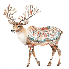 Watercolor Illustration of a Reindeer with Tribal Pattern.