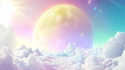 Poster - A colorful sky with a large yellow moon and a rainbow. The sky is filled with fluffy white clouds and the moon is surrounded by a rainbow. Scene is peaceful and serene, with the bright colors