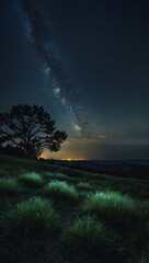 Wall Mural - Night nature scene starry sky seen from a grassy viewpoint, tranquil night