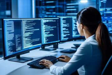 female programmer working on multiple monitors in a blue lit office