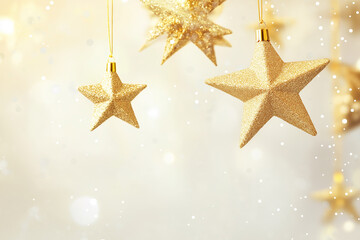 Wall Mural - Golden stars hanging against a softly lit background. The warm, glittering stars evoke a festive holiday spirit, perfect for celebrations and adding a touch of elegance to the scene.