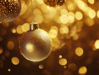 Wall Mural - A close-up of a sparkling golden Christmas ornament hanging against a glowing bokeh background, evoking a warm and festive holiday mood with ample copy space for seasonal greetings.