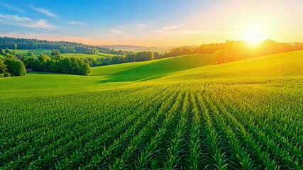 Poster - A field of corn is shown in the sunlight. The sun is setting in the background, casting a warm glow over the field. The corn is tall and green, and the field is vast and open