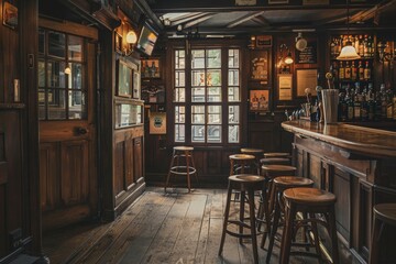 Warm Interior of an Old Pub With a Wooden Bar