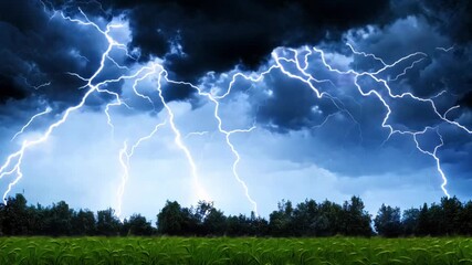Wall Mural - a stormy sky with lightning bolts and a field of grass. scene is intense and dramatic