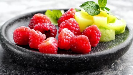 Sticker - A plate of fruit with a green leaf on top