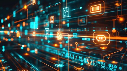 Abstract digital background with glowing icons and lines, showcasing technology and communication in a modern, interconnected world.