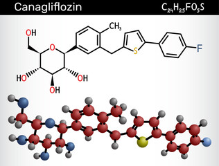 Wall Mural - Canagliflozin molecule. It is antidiabetic medication, SGLT2 inhibitor. Structural chemical formula and molecule model.