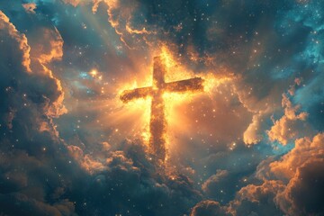 A divine cross shimmers in the sky, basking in the radiance of the sun , ai