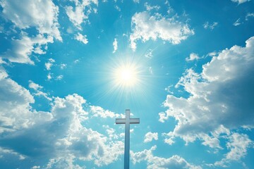 A divine cross shimmers in the sky, basking in the radiance of the sun , ai