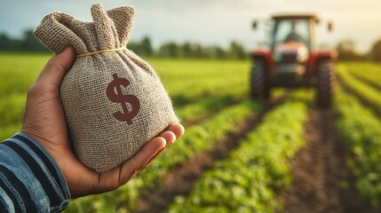 A hand holding a money bag with a dollar sign in a field, symbolizing agribusiness loans and financial support for farming.