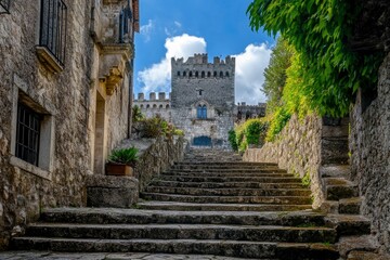 A stone staircase leads to a castle. The castle is old and has a Gothic style. The sky is blue and there are clouds in the background, ai