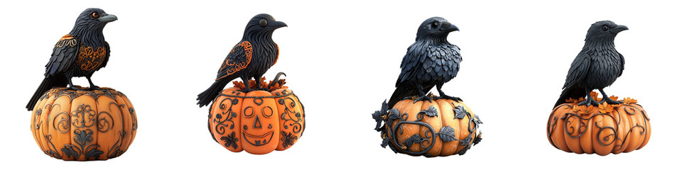 Four decorative birds perched on playful pumpkins, perfect for autumn and Halloween-themed designs. isolated on a transparent background