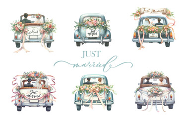 Wall Mural - set of hand drawn watercolor wedding car isolated on white background.